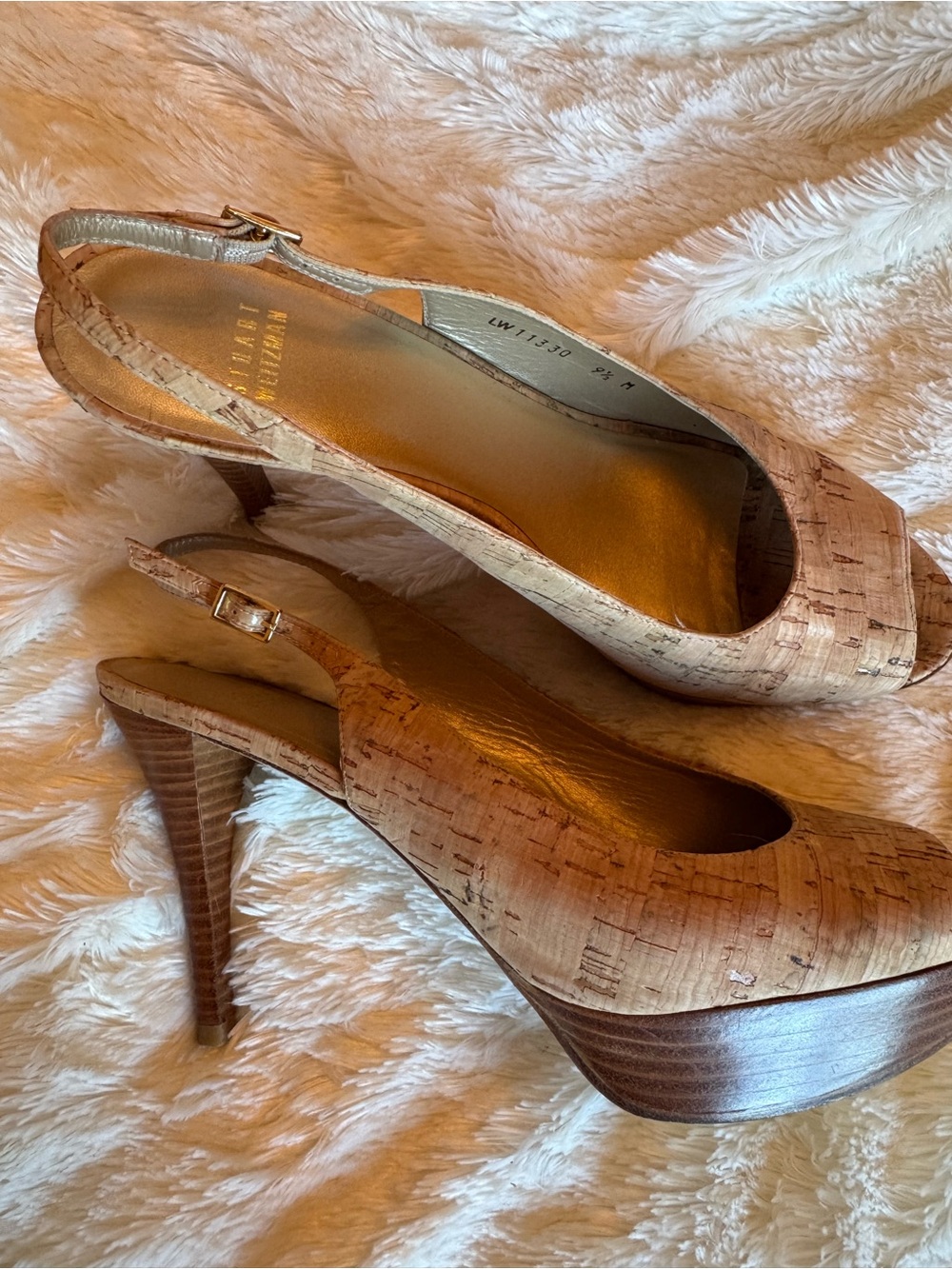 Stuart Weitzman Cork-Effect Slingback Peep-Toe Heels in Tan